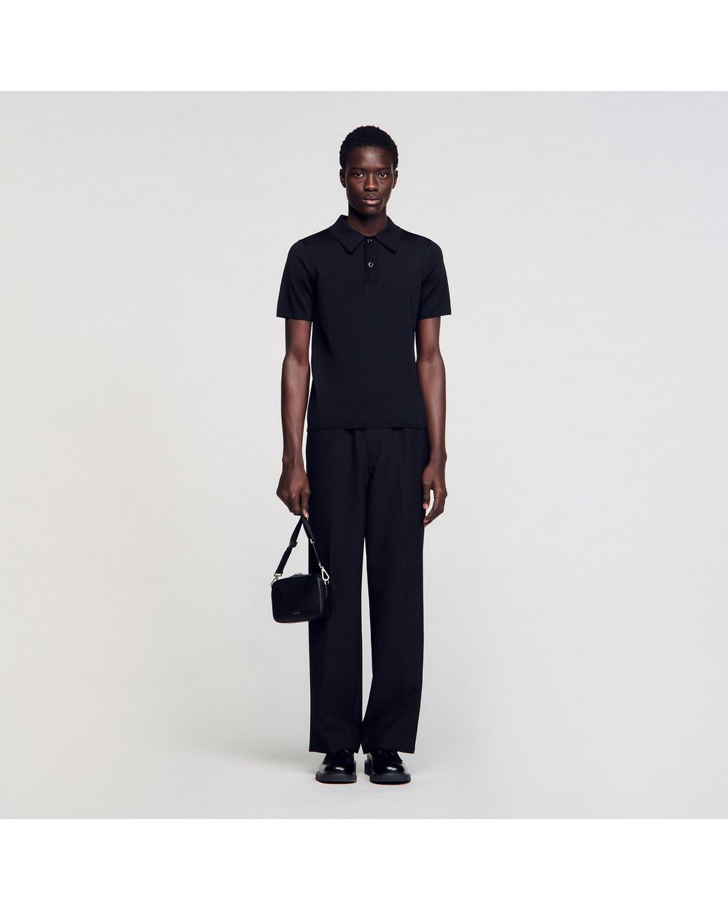 Sandro Black Short-Sleeve Knitted Polo Shirt for men