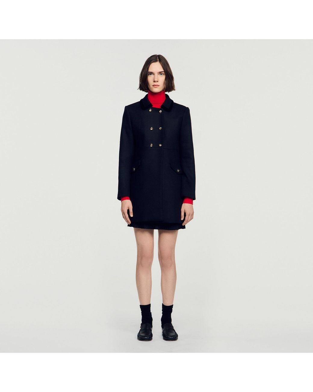 Sandro Blue Mid-Length Coat With Velvet Collar