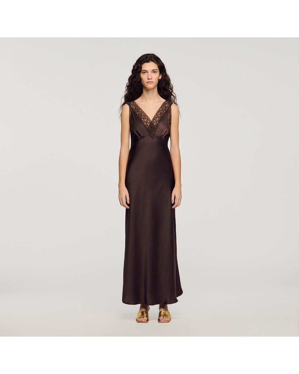Sandro Brown Lace Collar Maxi Dress