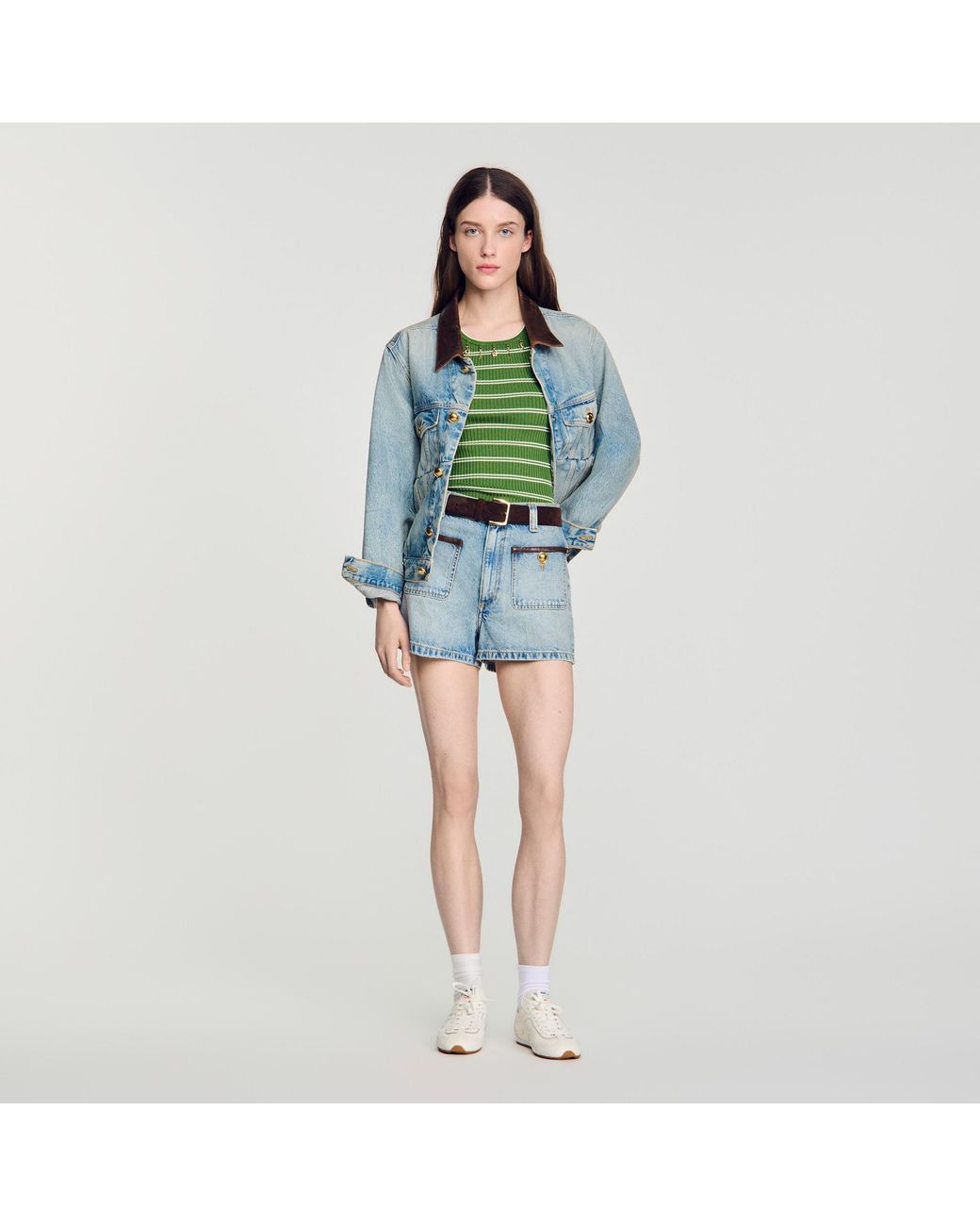 Sandro Blue Denim Shorts With Leather Detail