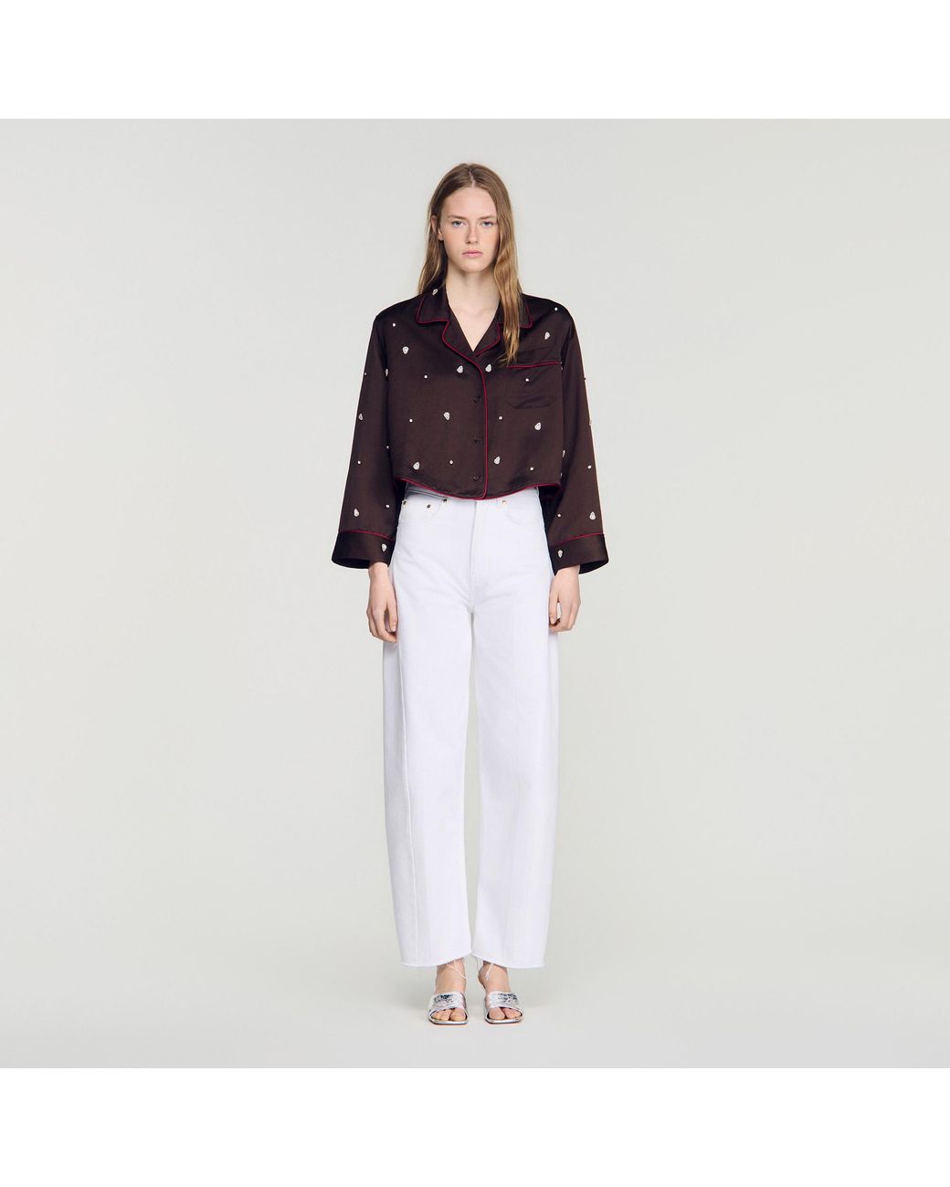 Sandro White Shirt With Beads And Rhinestones