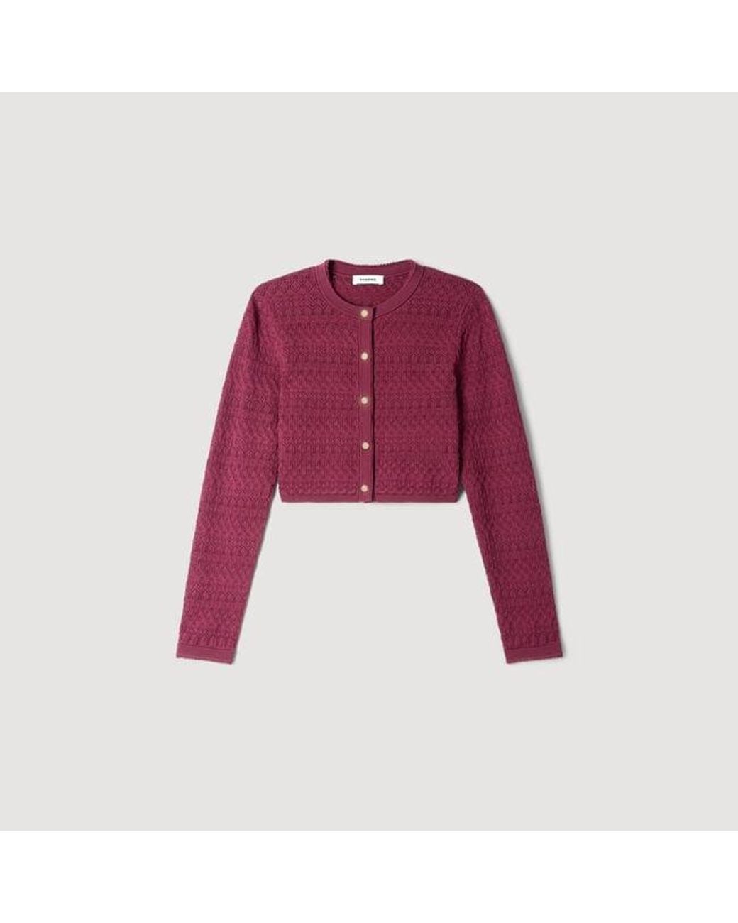 Sandro Red Cropped Pointelle Knit Cardigan