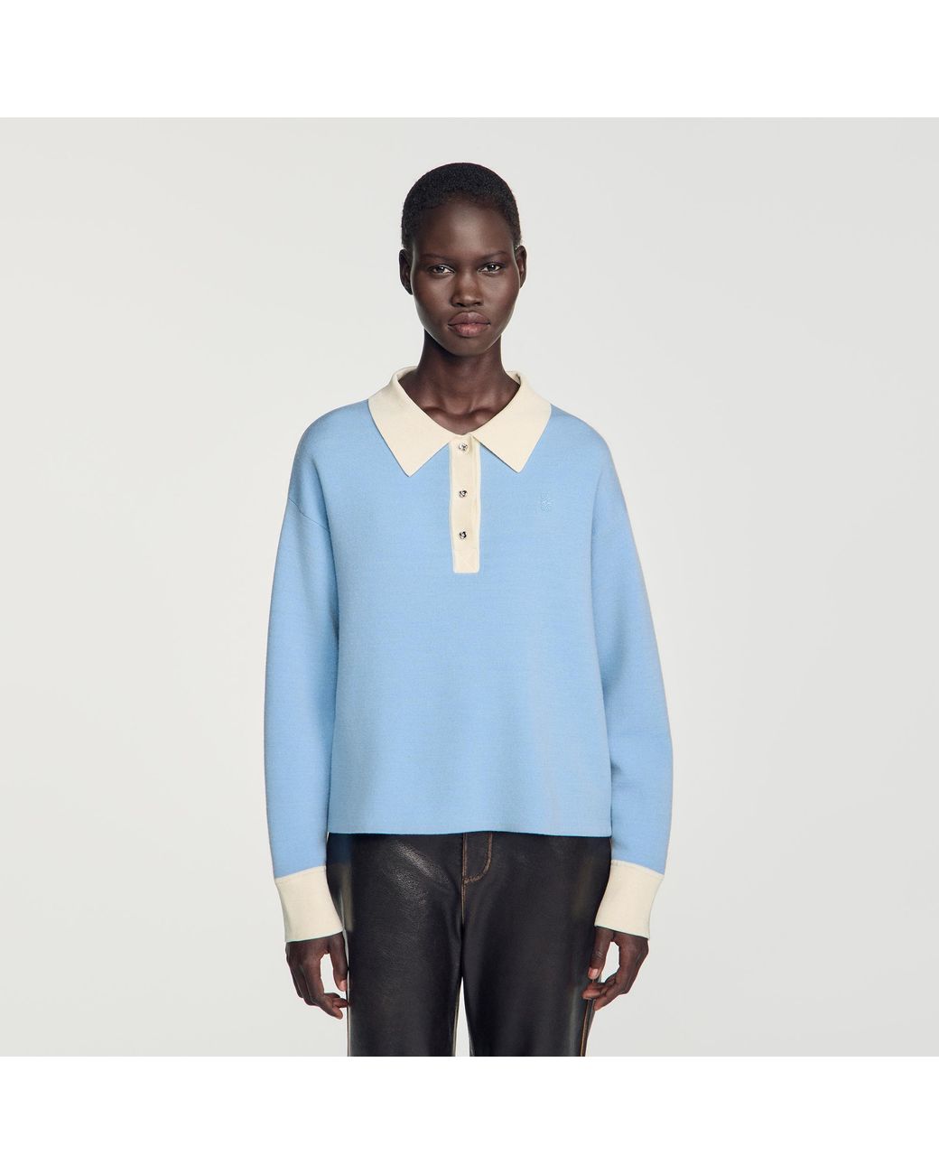 Sandro Blue Two-Tone Wool Polo Sweater