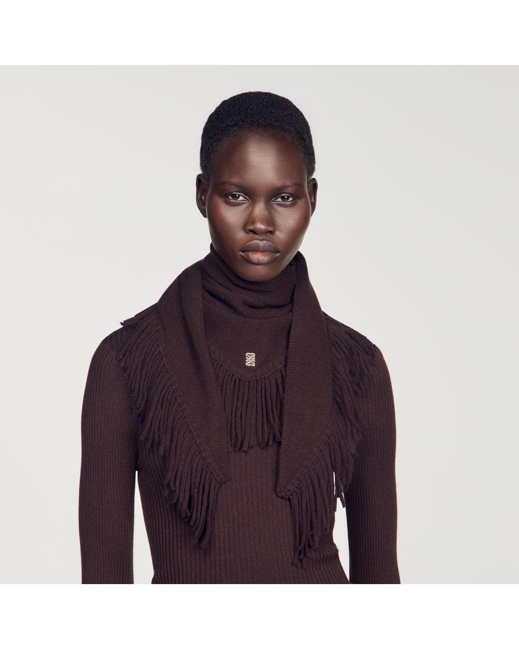Sandro Black Fringed Wool Triangle Scarf