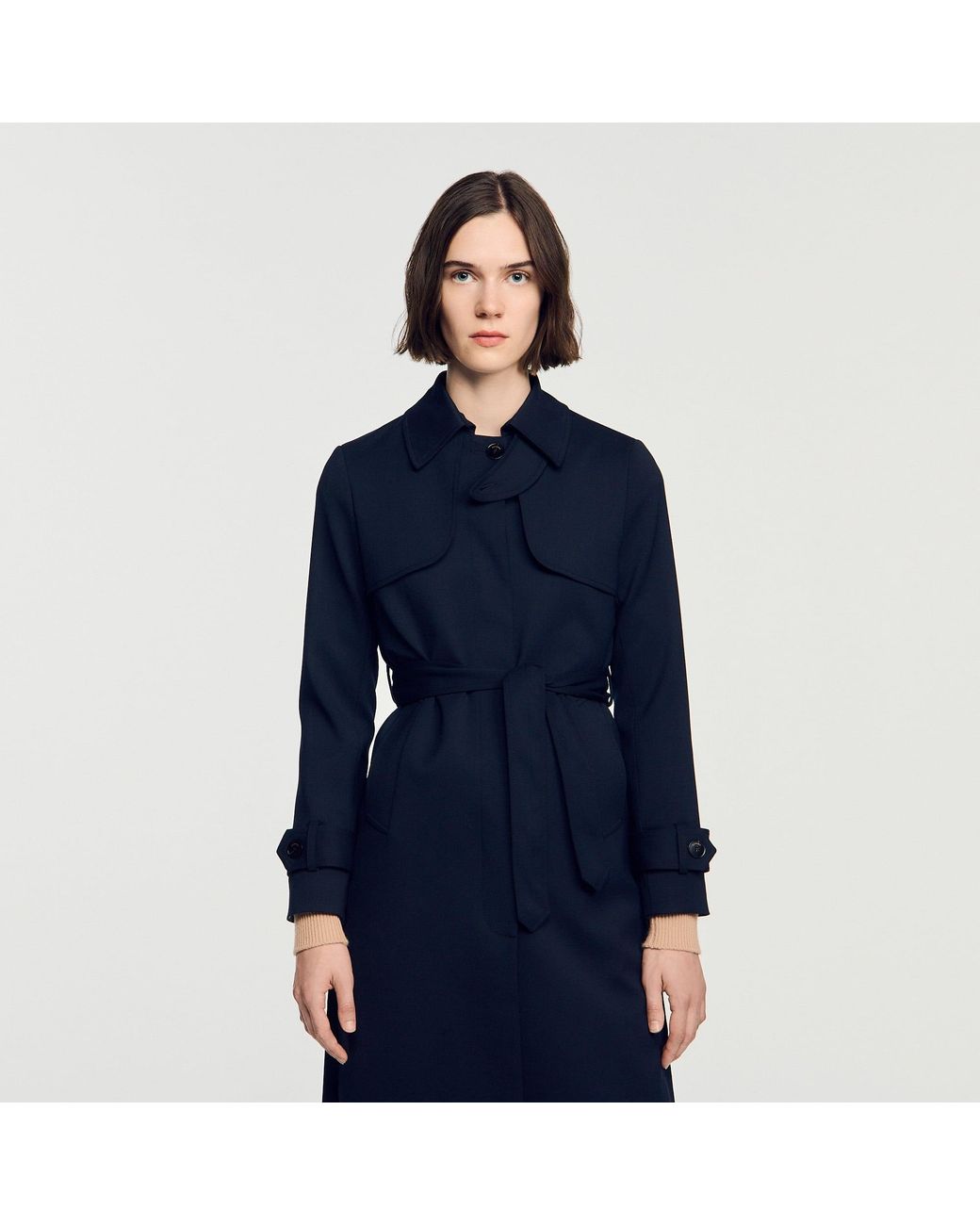 Sandro Blue Trench Coat With Pleated Inset