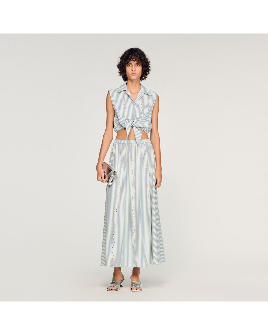Sandro White Rhinestone Striped Long Skirt