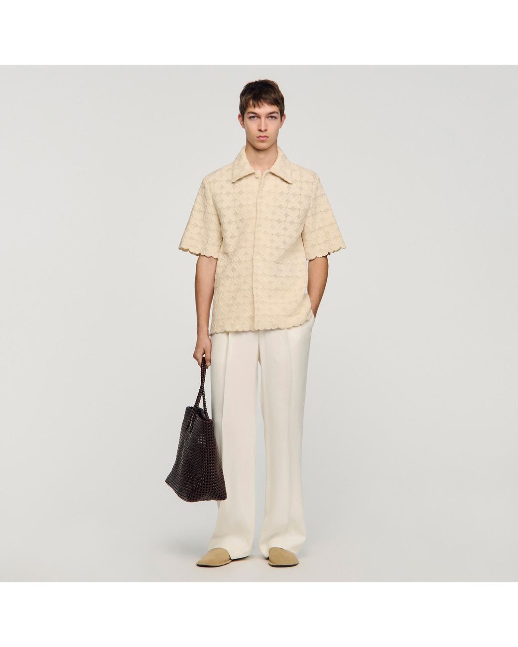 Sandro Natural Cotton Broderie Anglaise Shirt for men