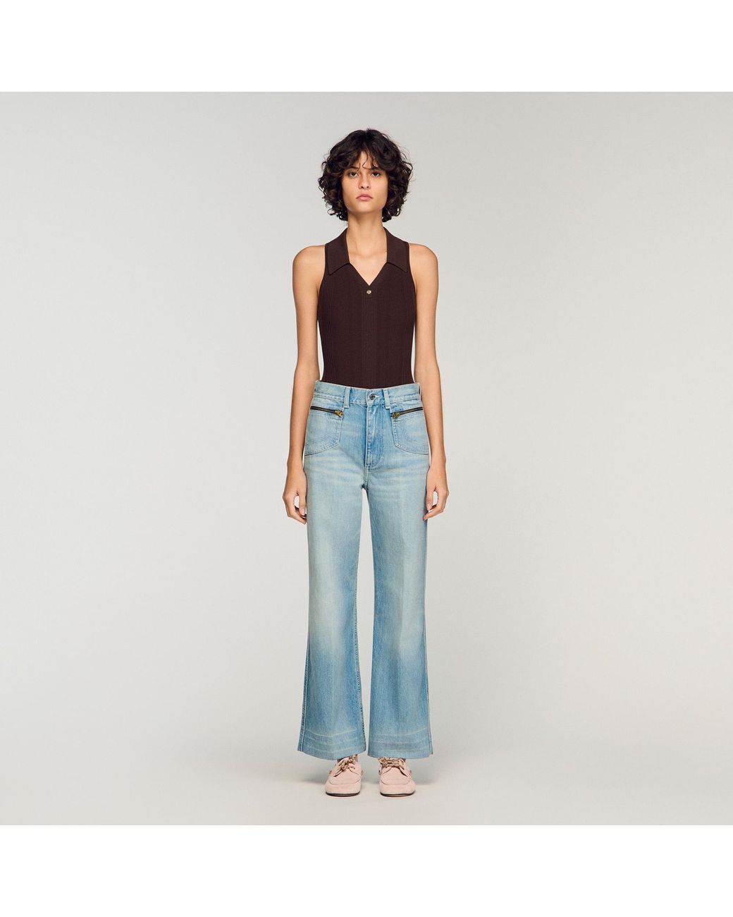 Sandro Blue Faded Straight Zipped Cotton Jeans
