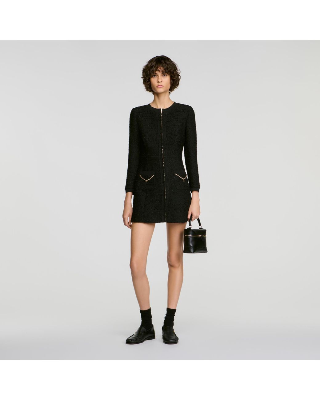 Sandro Black Tweed Dress With Metal Chain