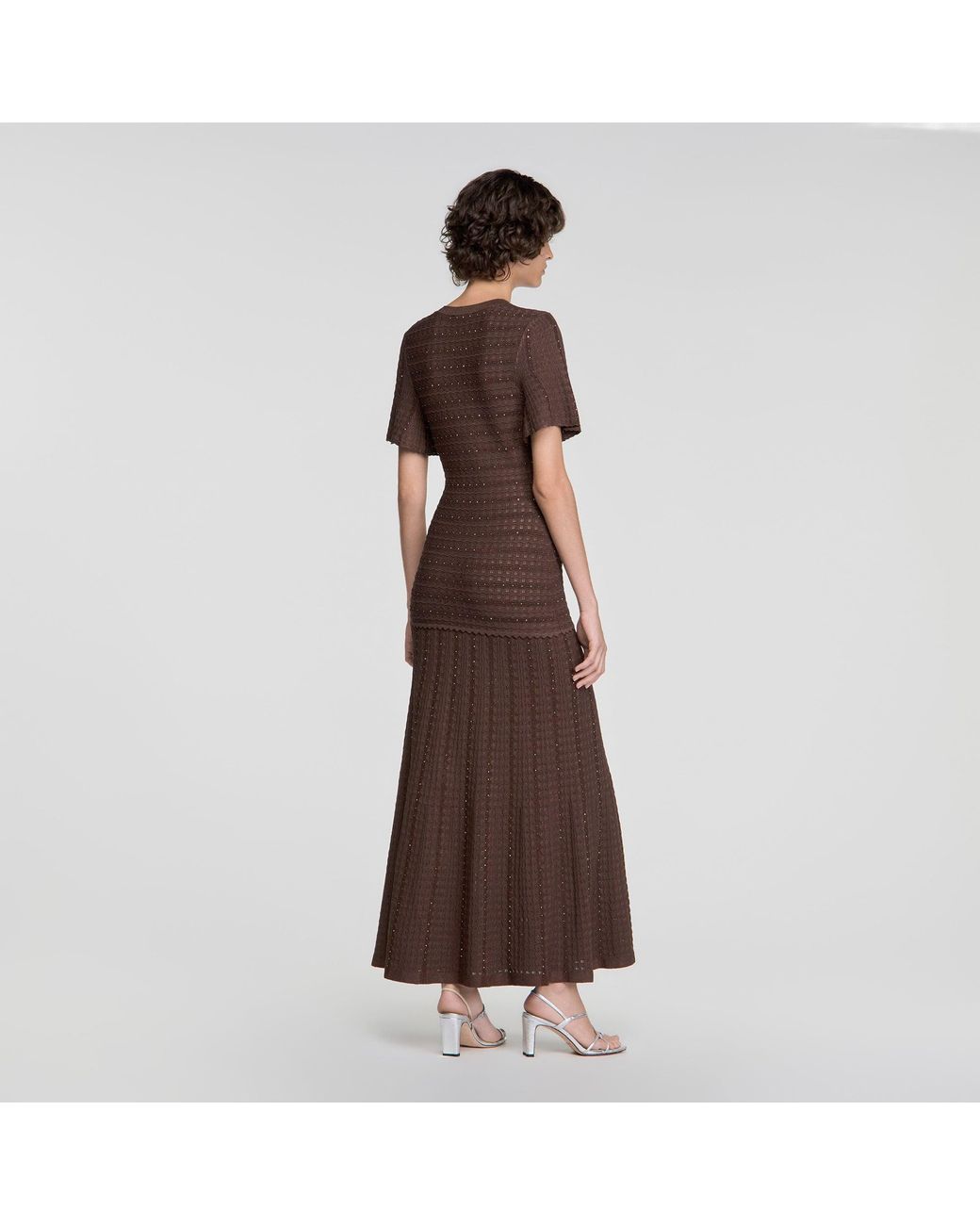 Sandro Brown Rhinestone Knit Maxi Dress