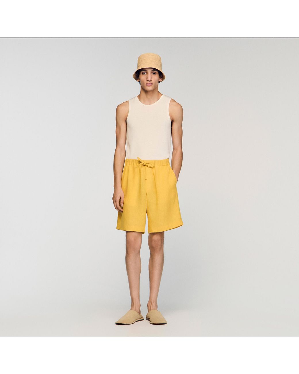 Sandro Yellow Elastic Waist Linen Shorts for men