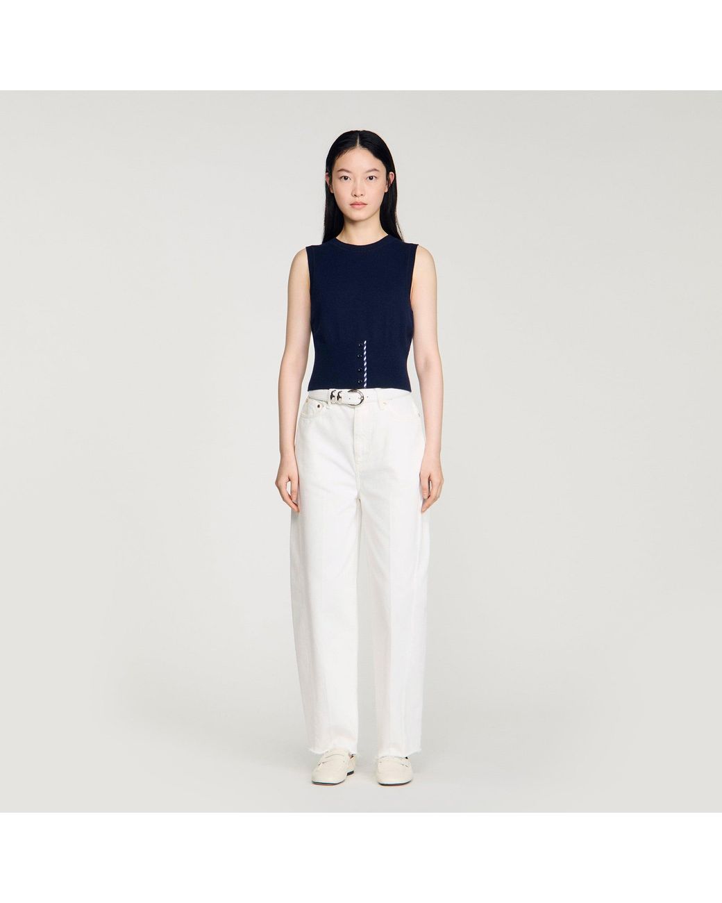 Sandro Blue Cropped Stripy Wool-Cashmere Jumper