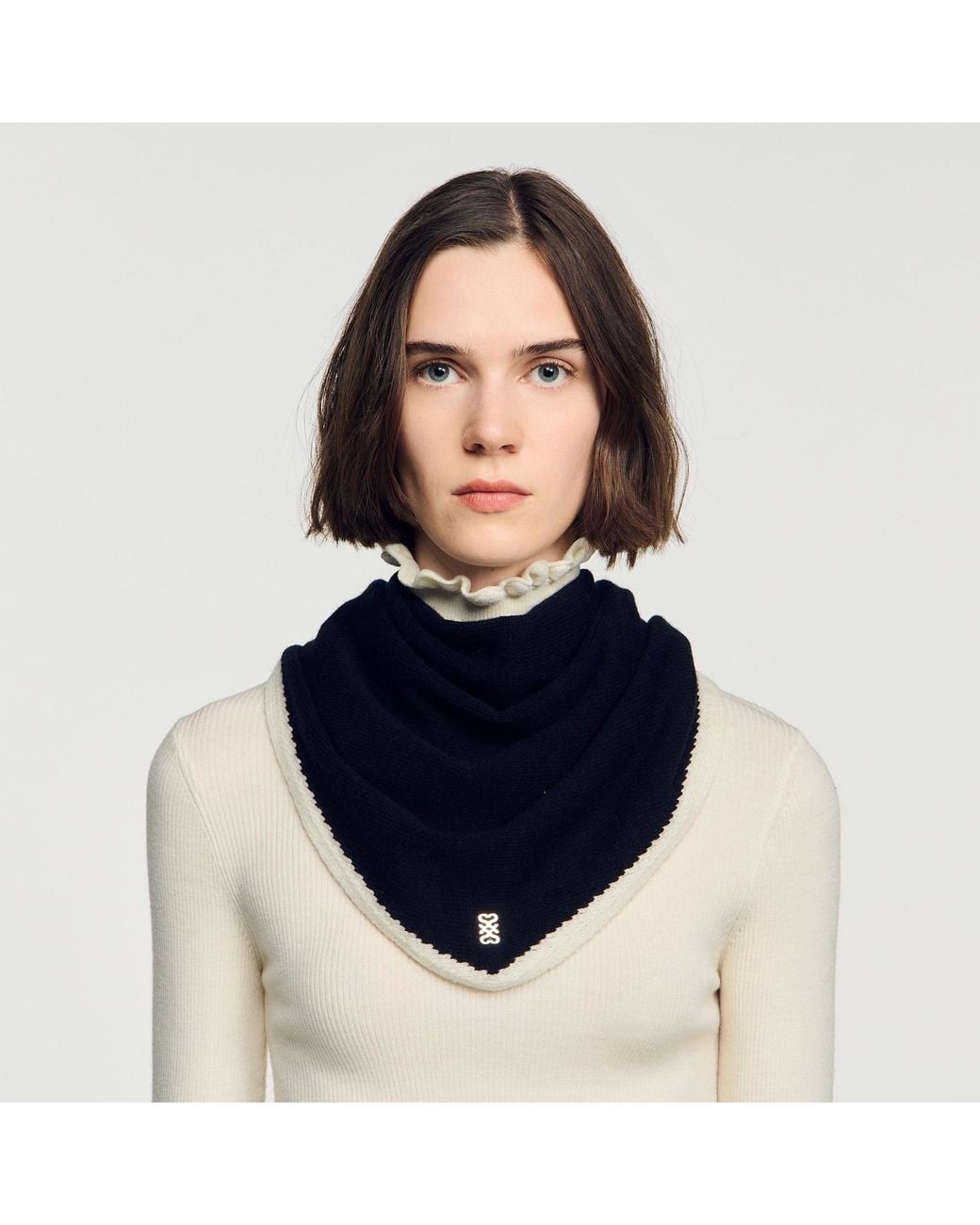 Sandro Black Two-Tone Wool Triangle Scarf