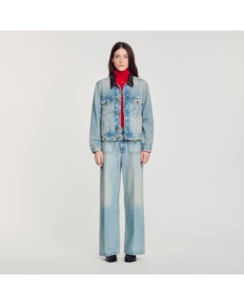 Sandro Blue Denim Jacket With Leather Collar