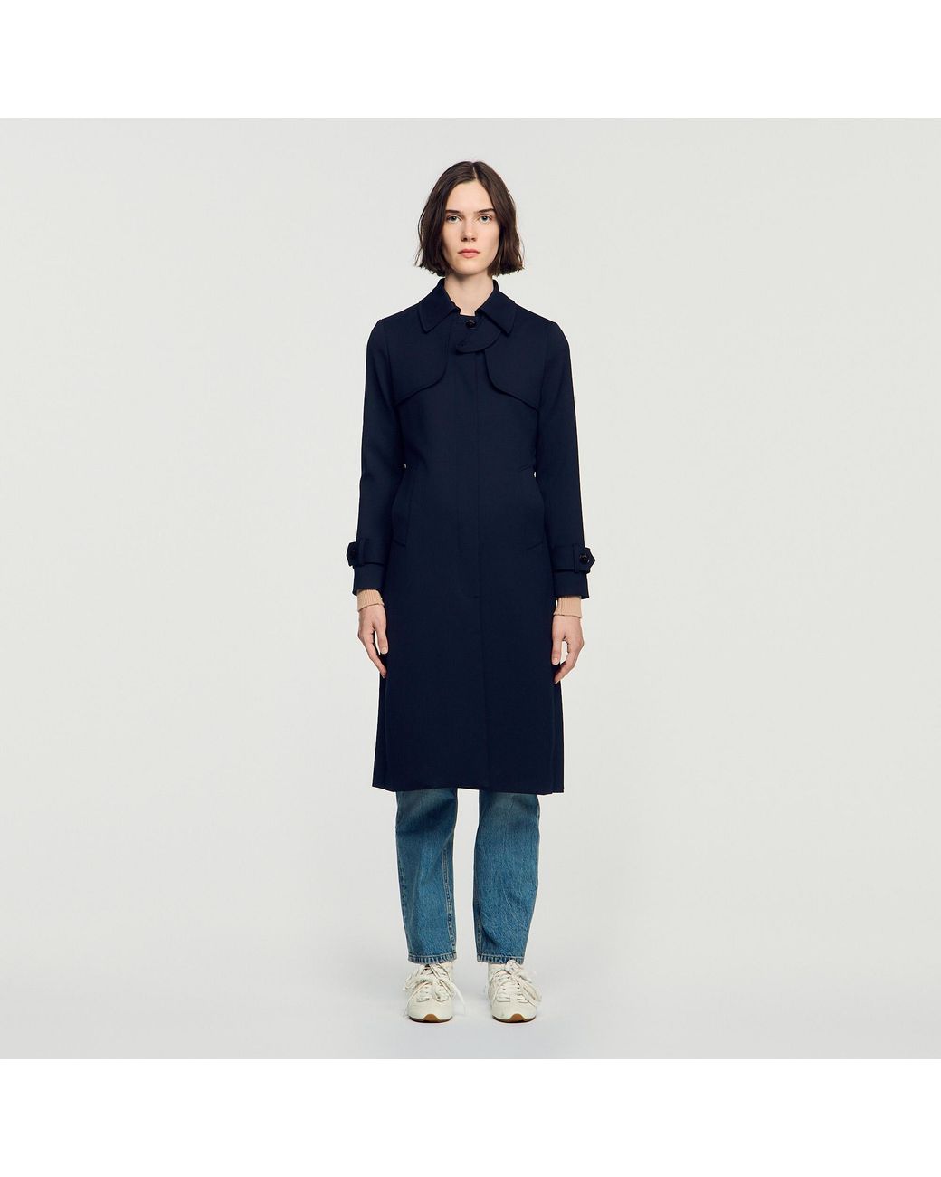 Sandro Blue Trench Coat With Pleated Inset