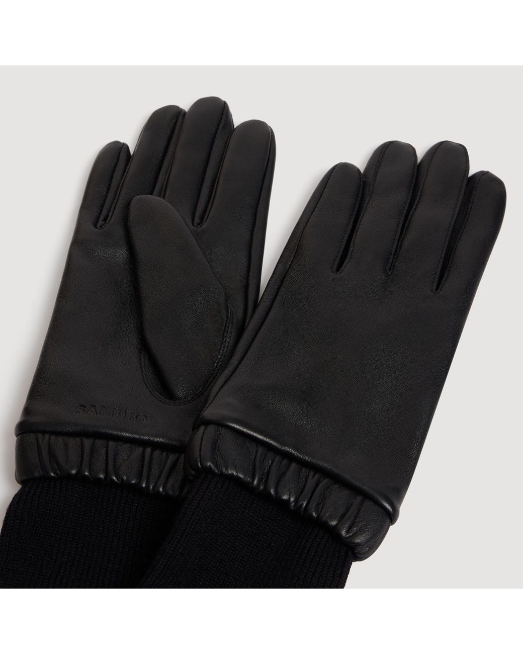 Sandro Black Leather And Ribbed Knit Gloves