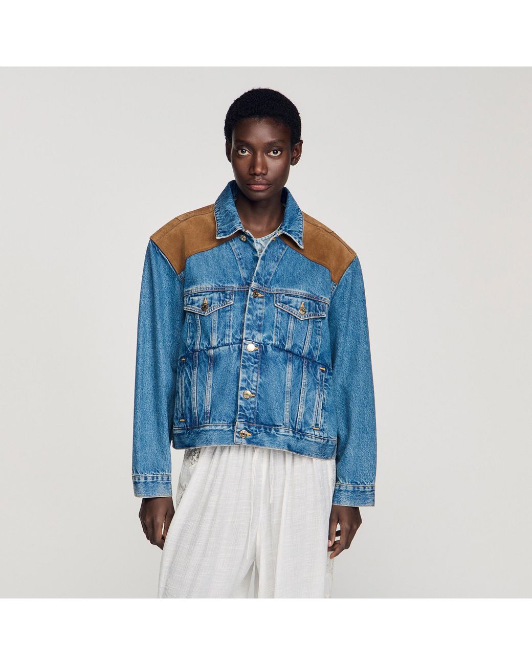 Sandro Blue Denim And Suede Jacket