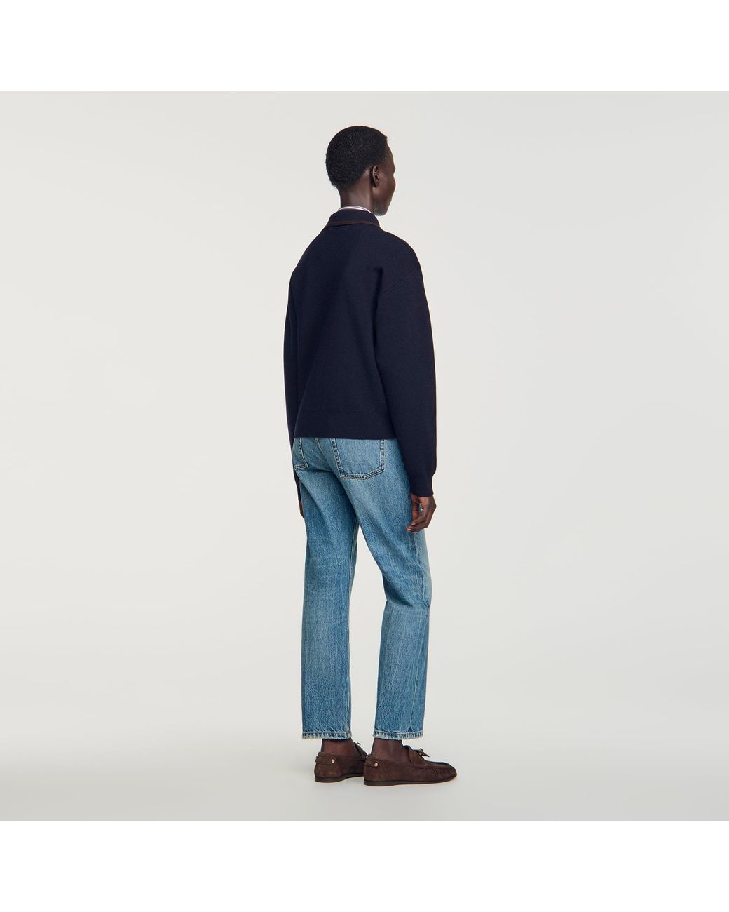 Sandro Blue Zip Polo Jumper With Suede Collar