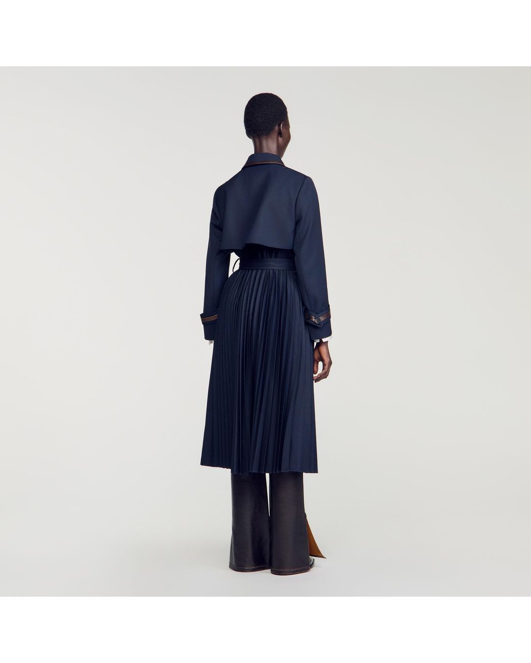 Sandro Blue Trench With Pleated Leather Collar