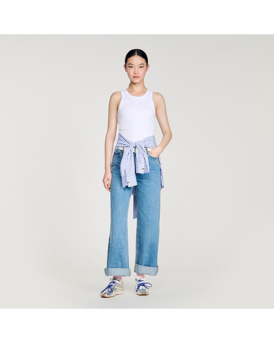 Sandro Blue Beaded Ribbed Vest Top