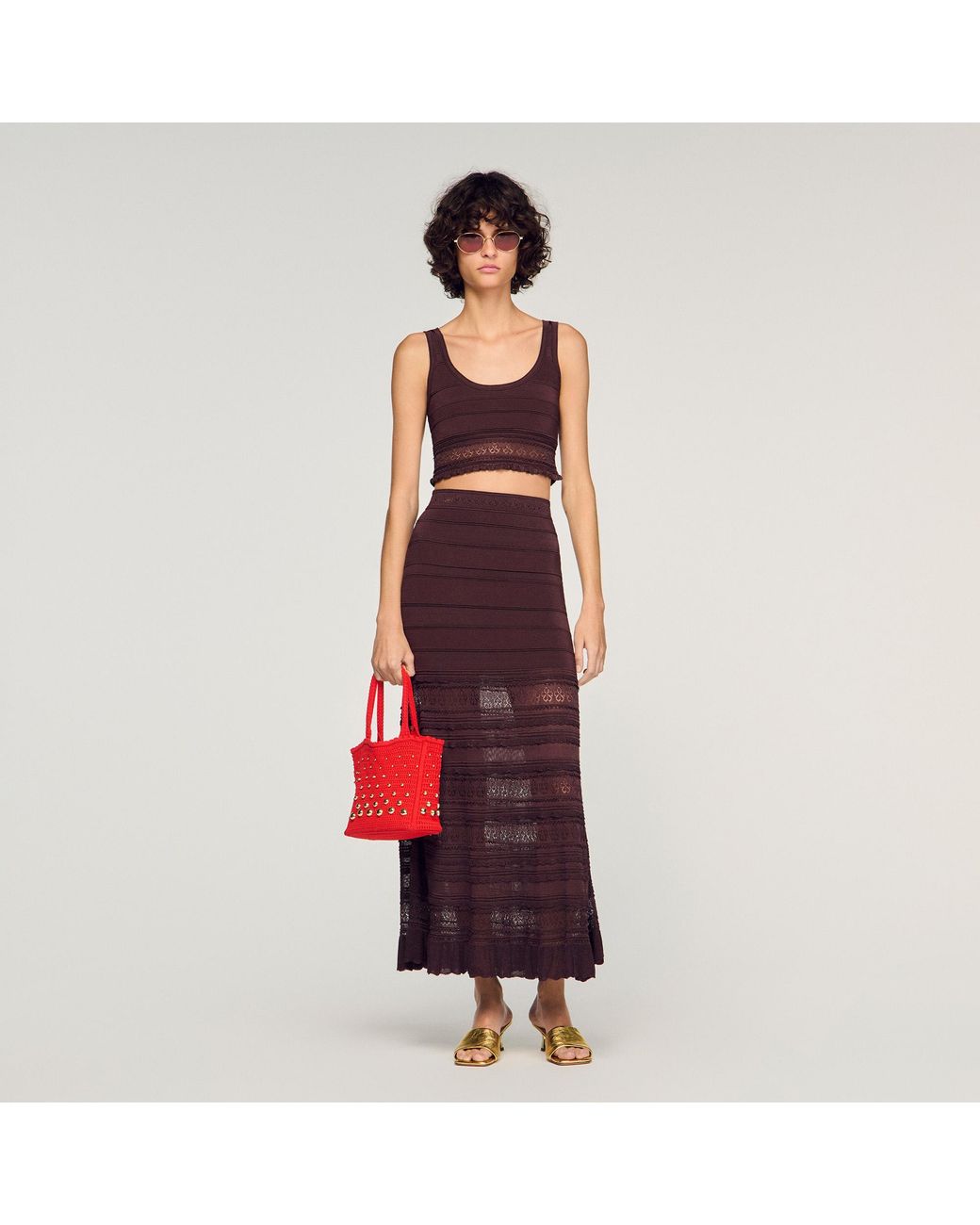 Sandro Red Studded Crochet Bag