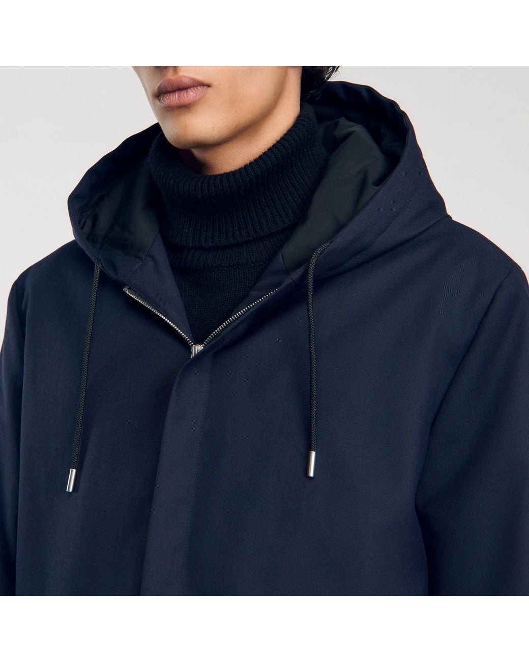 Sandro Blue Navy Technical Quilted Hooded Zip Parka for men