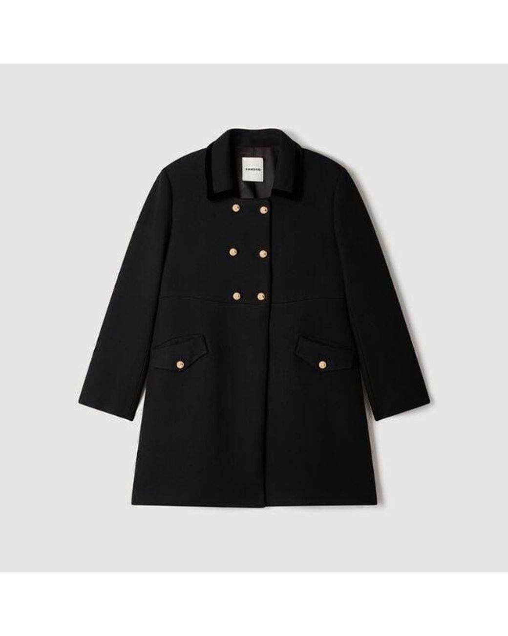 Sandro Blue Mid-Length Coat With Velvet Collar