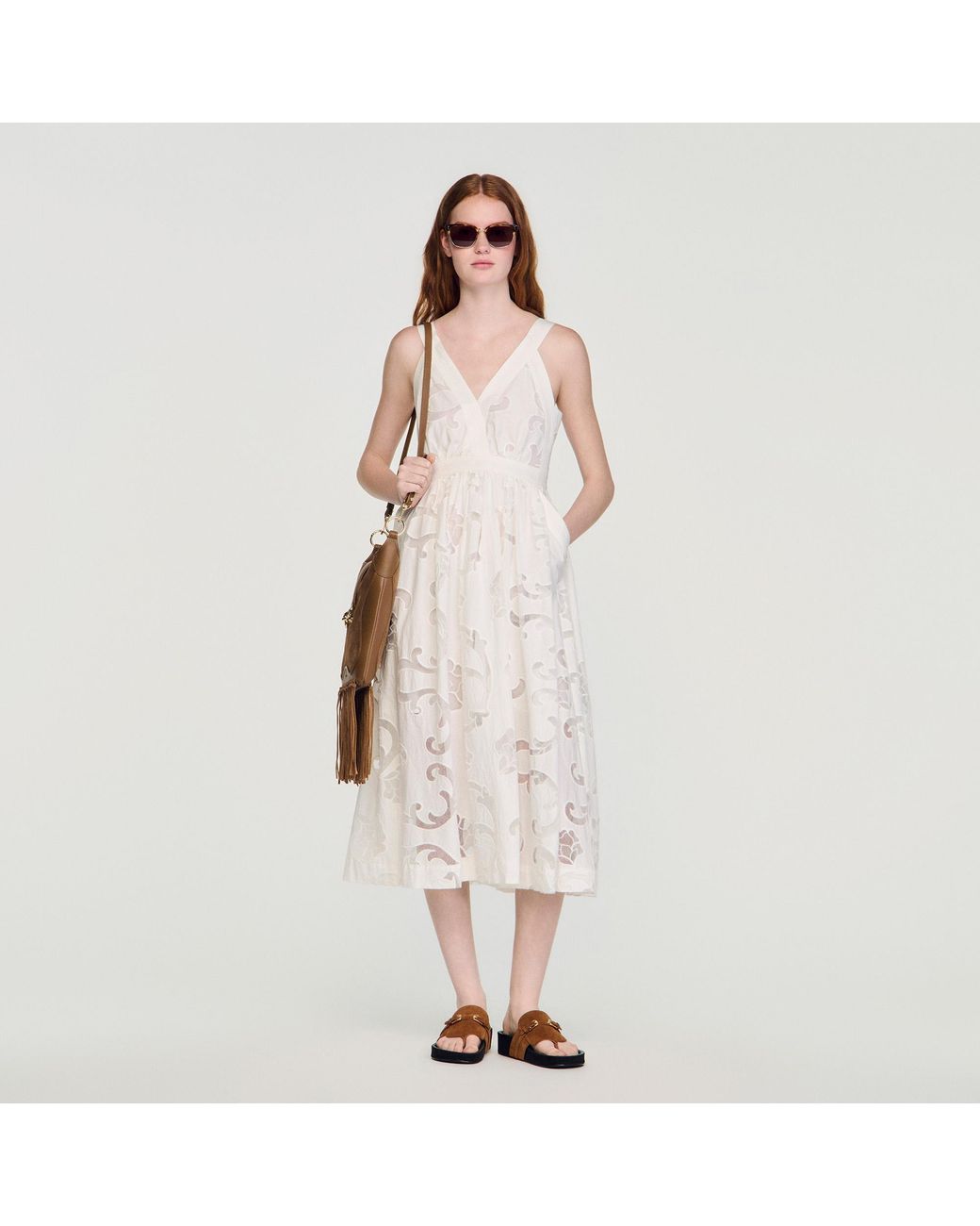 Sandro Natural Openwork Floral Cotton Maxi Dress