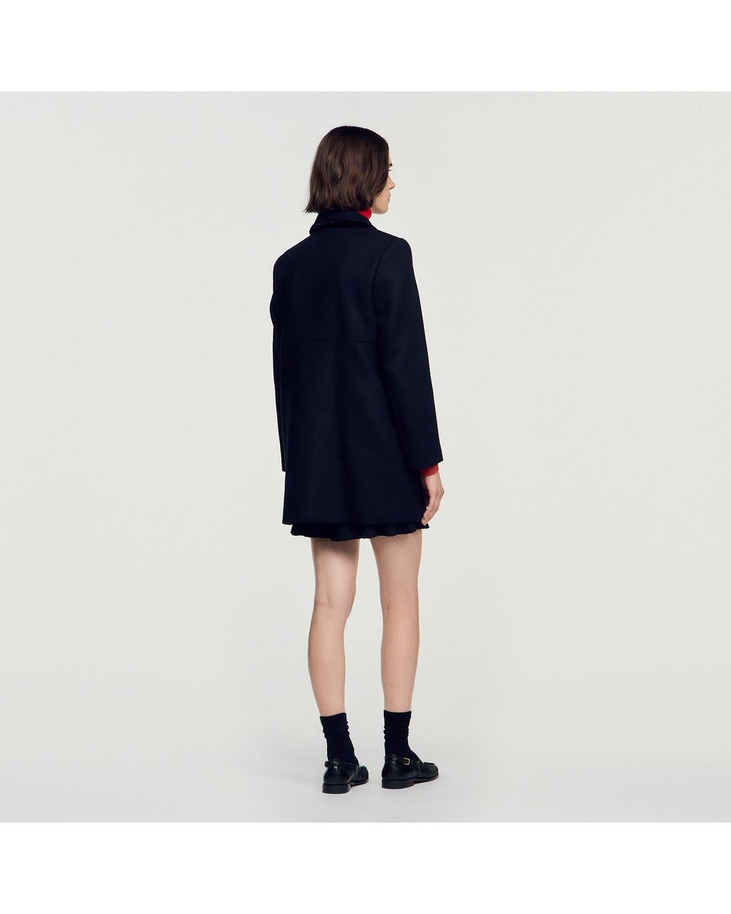 Sandro Blue Mid-Length Coat With Velvet Collar