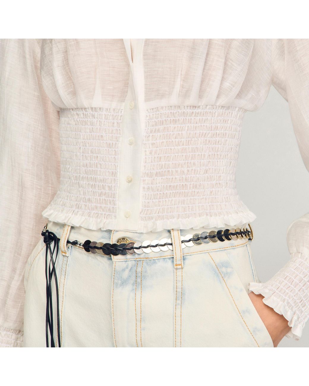 Sandro Natural Smocked Linen Shirt