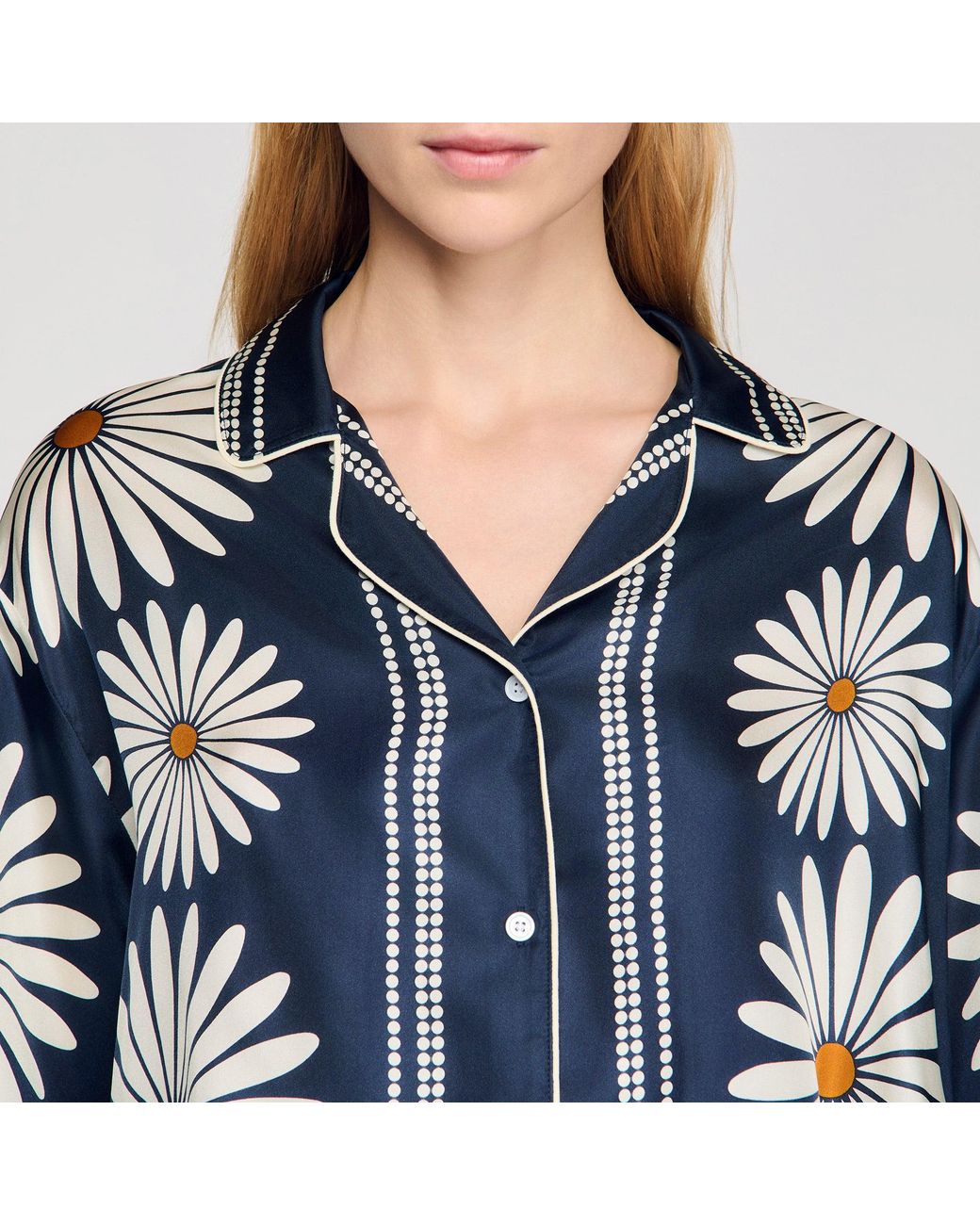 Sandro Blue Floral Print Silk Shirt