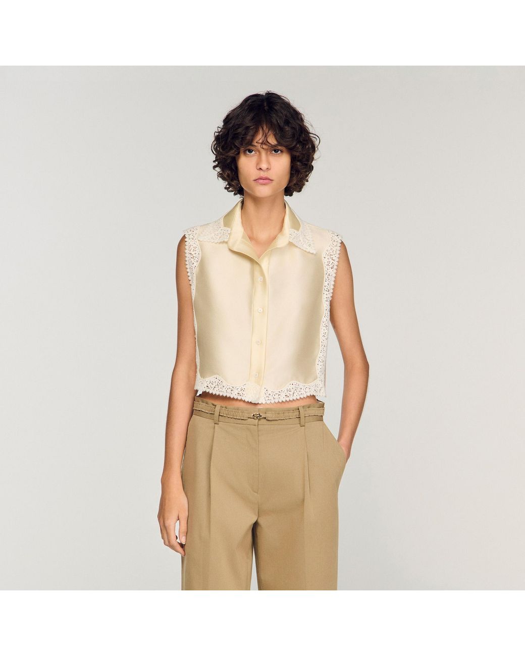Sandro Natural Cropped Shirt With Lace Detail