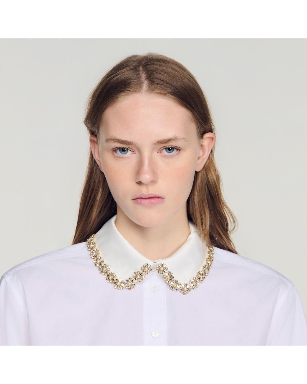 Sandro Blue Cropped Jewel Collar Shirt