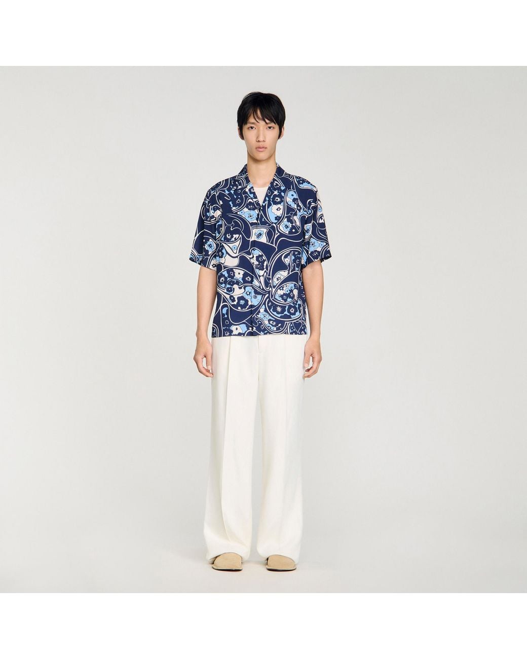 Sandro Blue Loose-Fit Print Shark Collar Shirt for men