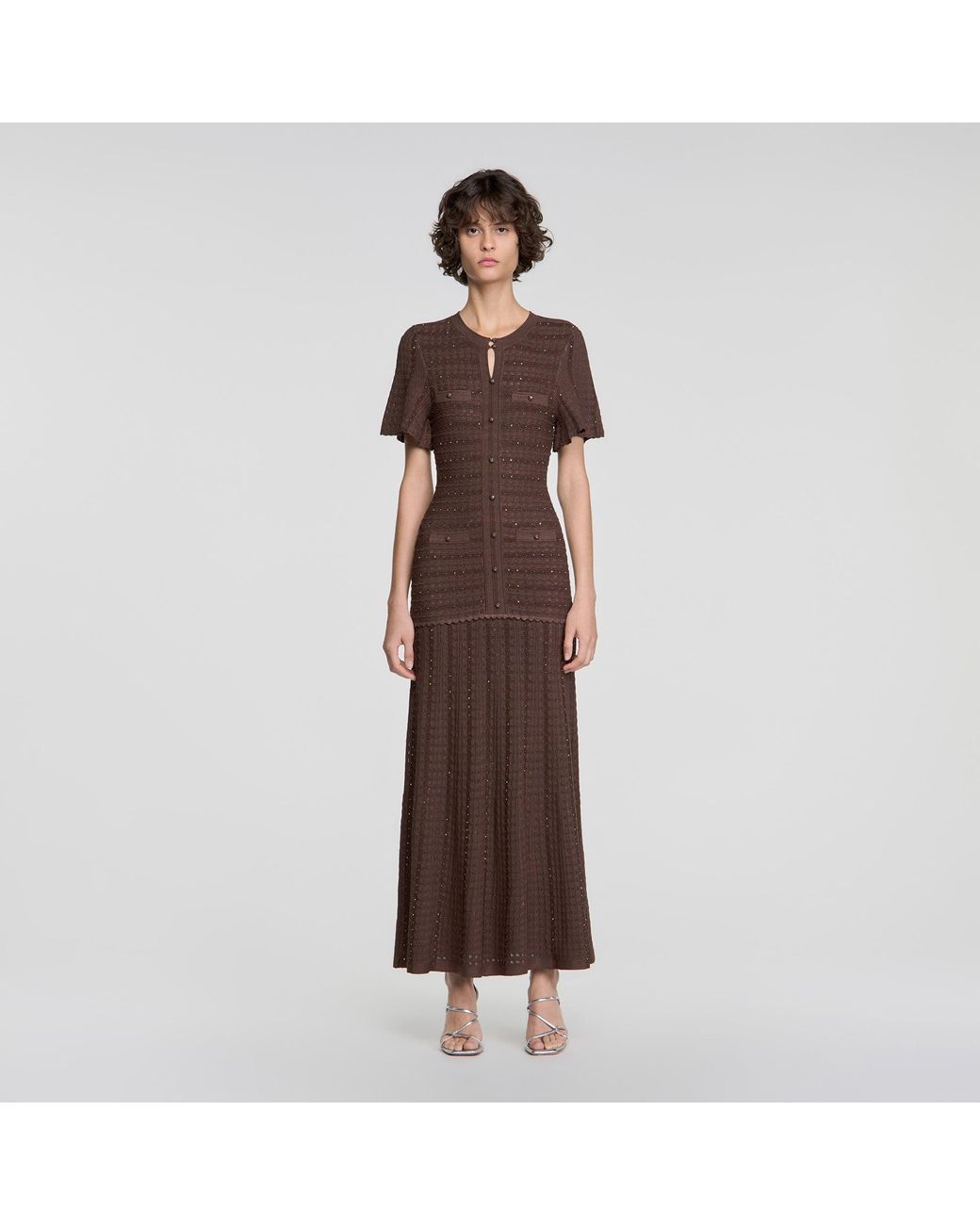 Sandro Brown Rhinestone Knit Maxi Dress