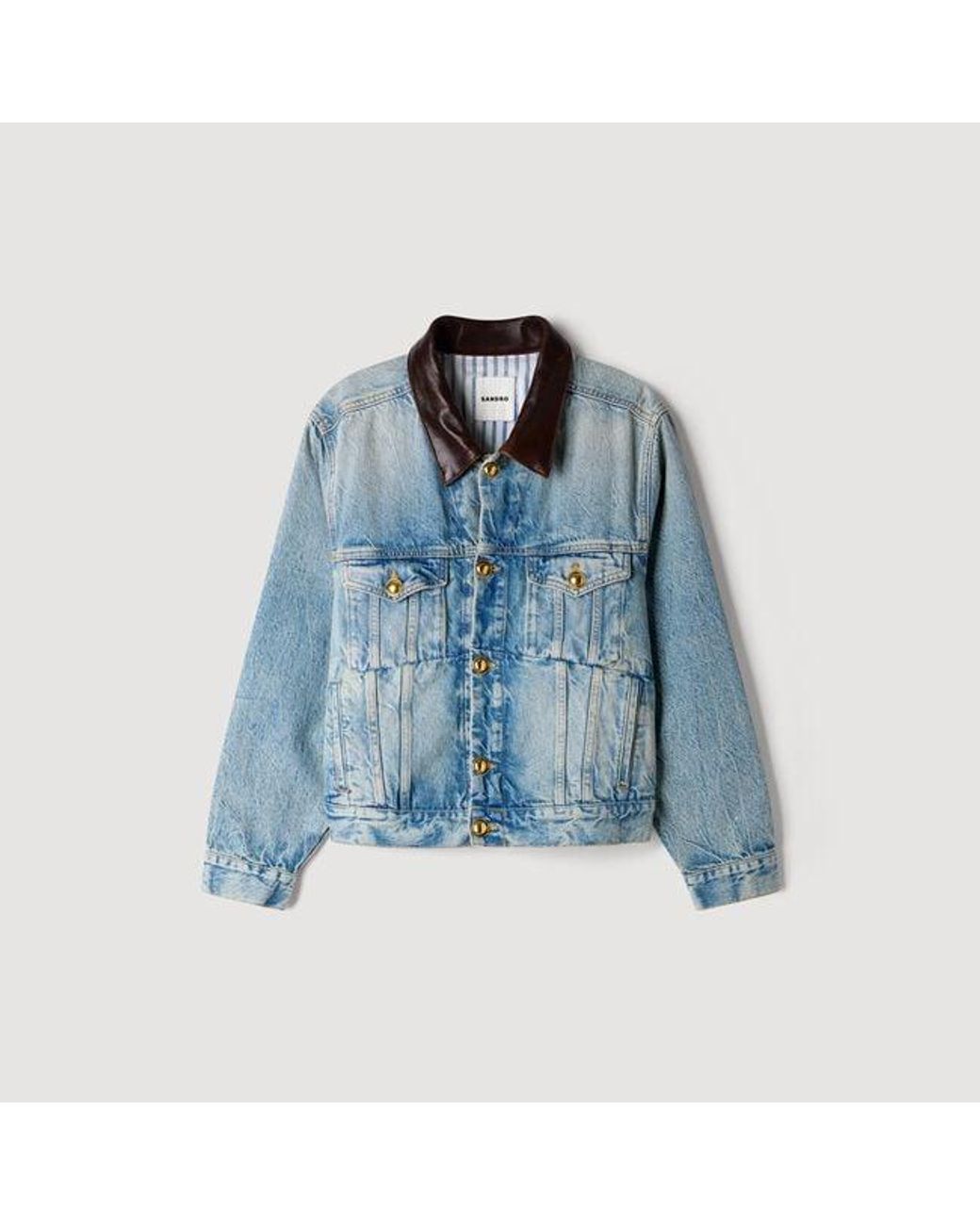 Sandro Blue Denim Jacket With Leather Collar