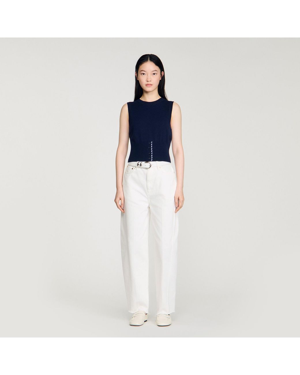 Sandro Blue Cropped Stripy Wool-Cashmere Jumper