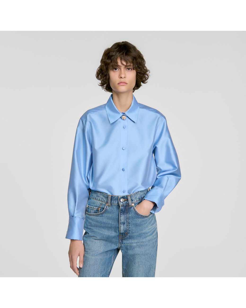 Sandro Blue Jewelry Detail Satin Shirt