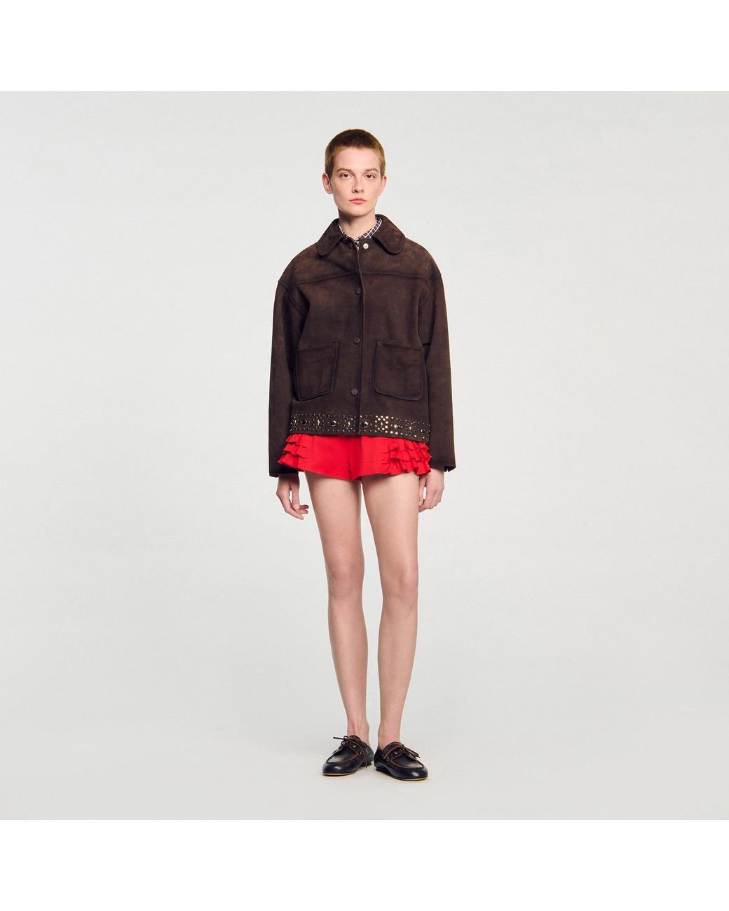 Sandro Red Studded Suede Leather Jacket