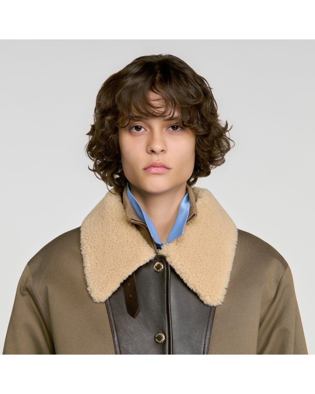 Sandro Blue Two-Tone Shearling Coat