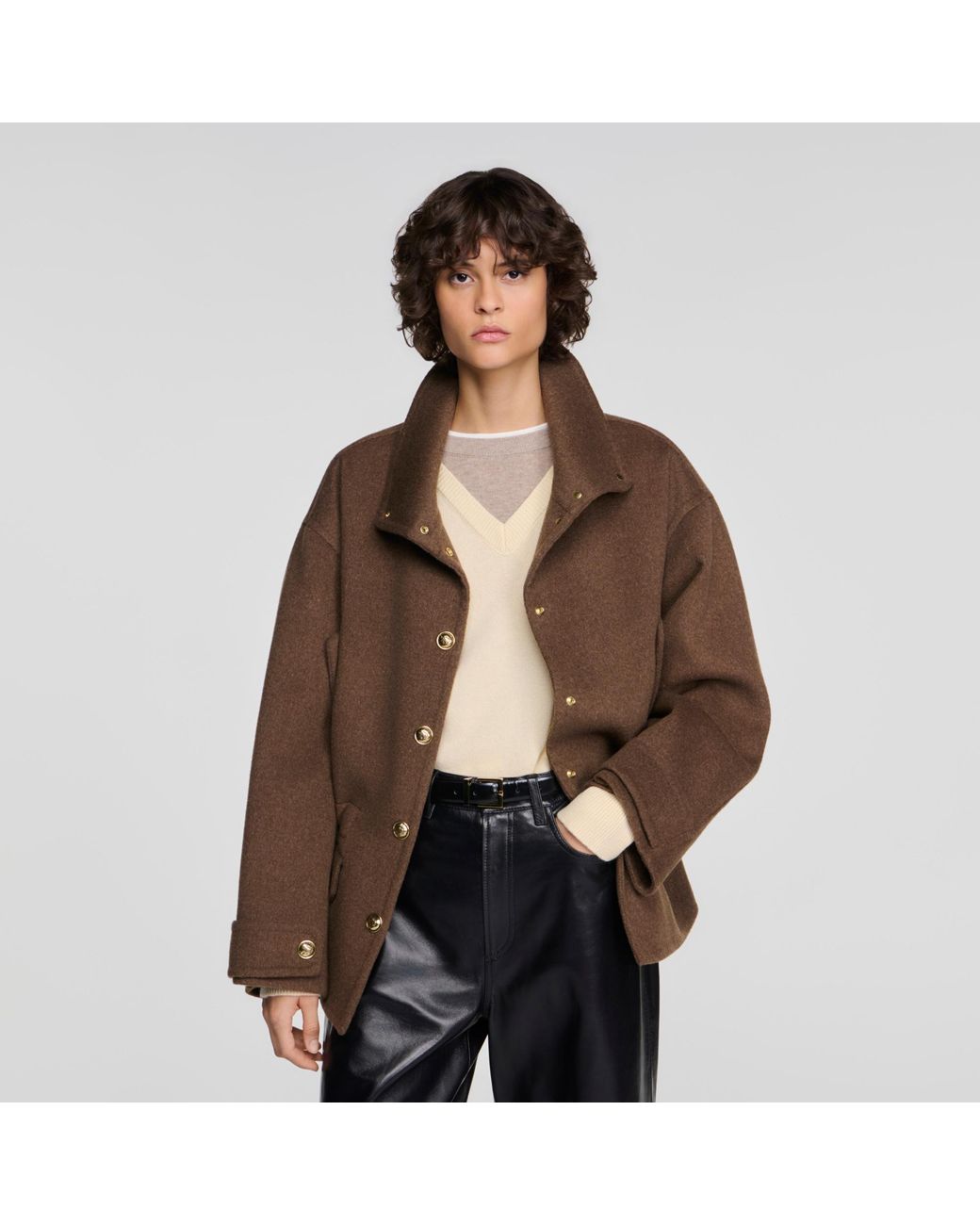 Sandro Black Double-Faced Standing Collar Coat