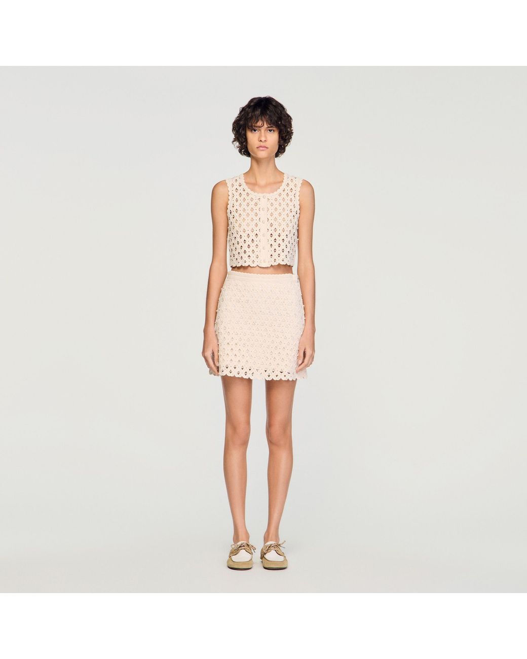 Sandro Natural Beaded Crochet Cardigan