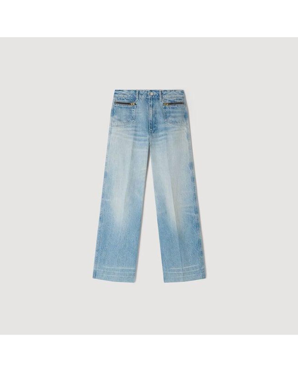 Sandro Blue Faded Straight Zipped Cotton Jeans