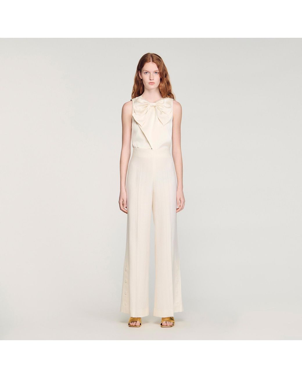 Sandro Natural Buttoned-Slit Straight-Leg Trousers