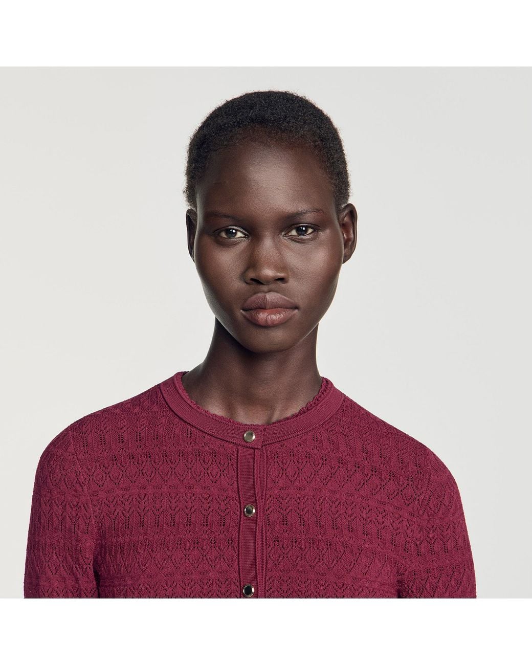 Sandro Red Cropped Pointelle Knit Cardigan