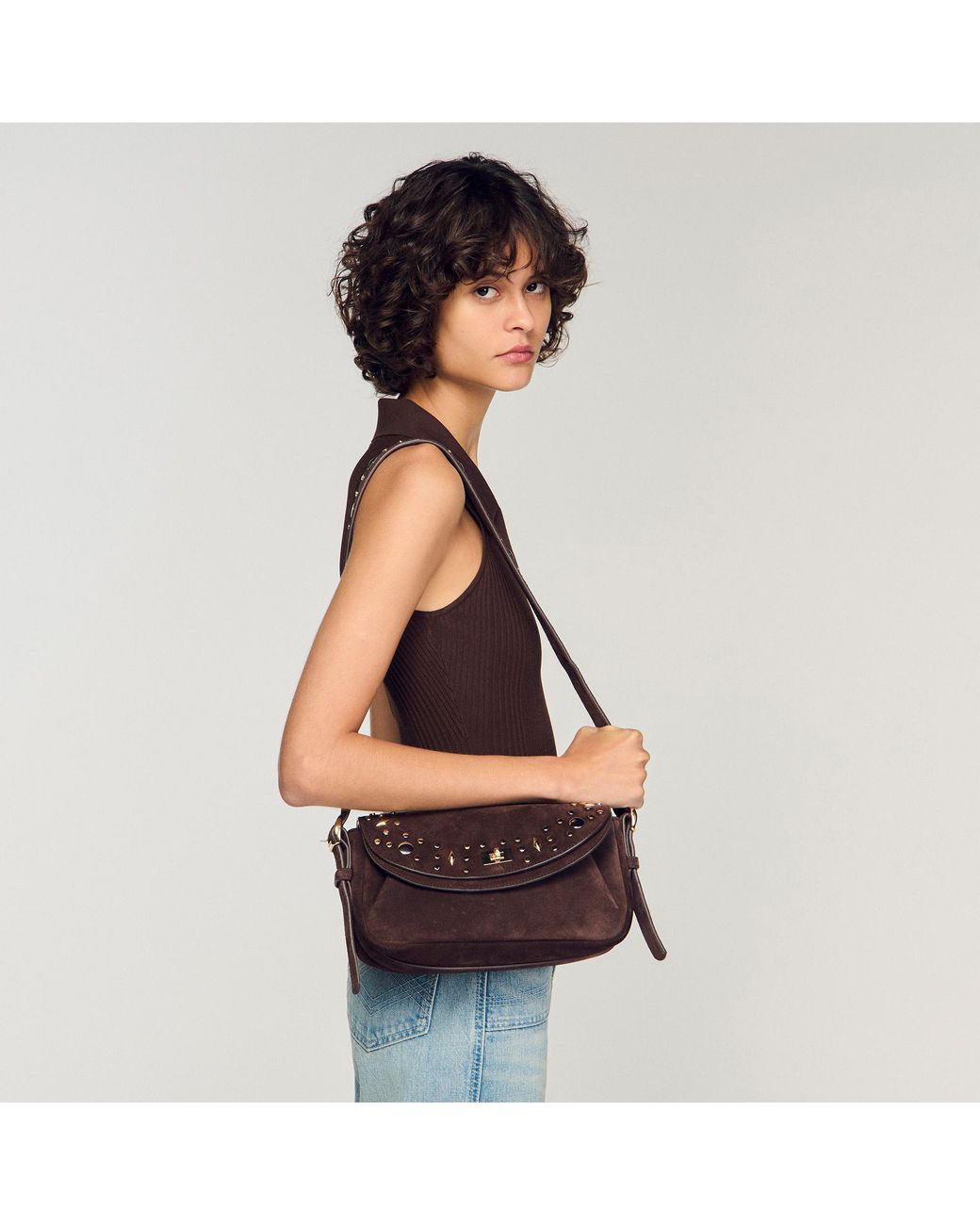 Sandro Black Le Mambo Janys Studded Suede Bag