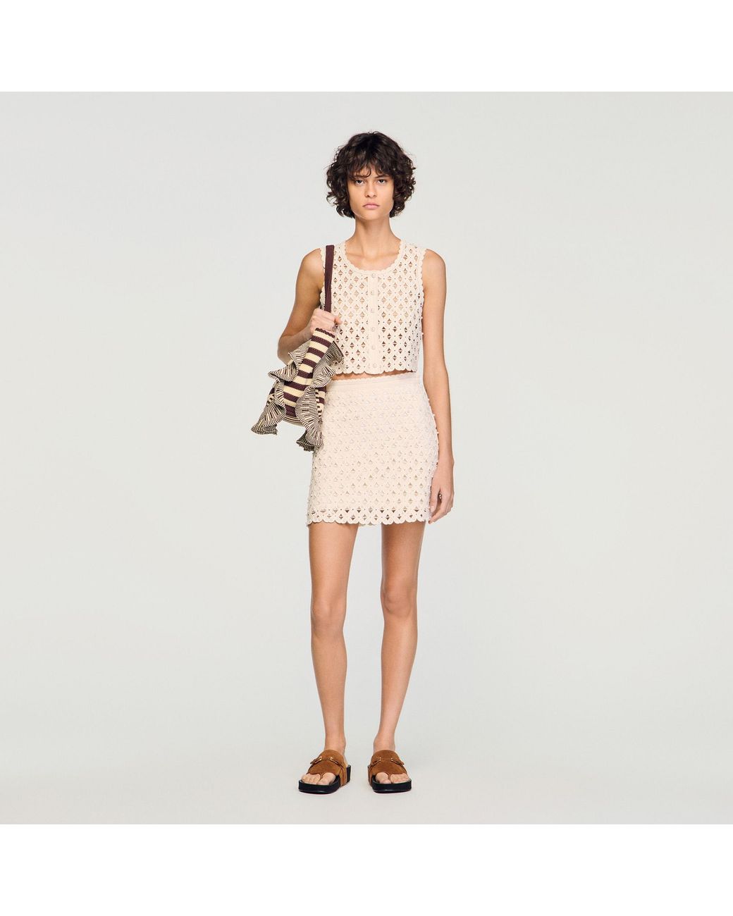 Sandro Natural Short Beaded Crochet Skirt