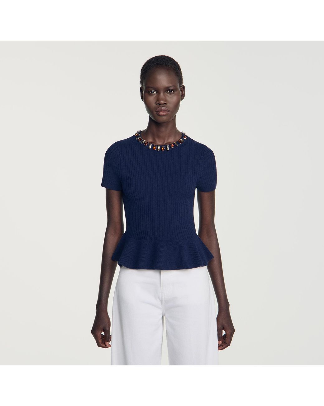 Sandro Blue Peplum Sweater With Rhinestone Neckline