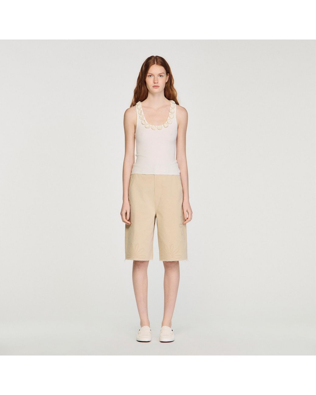 Sandro White Ribbed Jumper With Beaded Roses