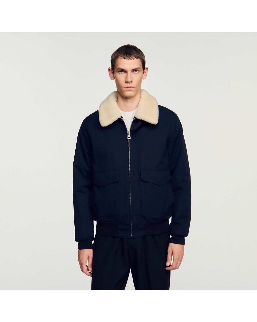 Sandro Blue Shearling Collar Aviator Jacket for men